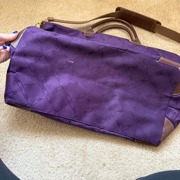Longchamp 1948 Purple Jacquard Travel Bag Leather Trim Weekender Duffle - Picture 3 of 8